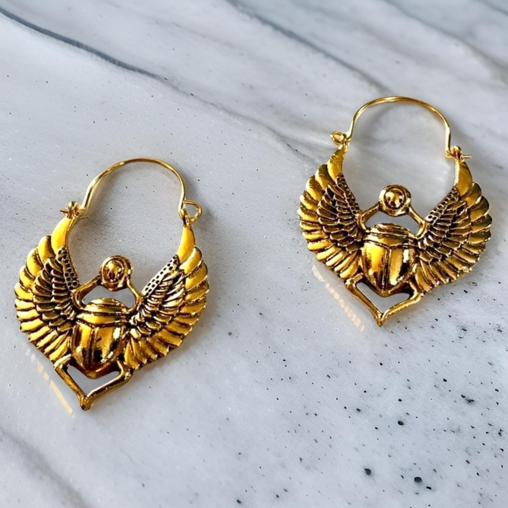 New Gold Egyptian Scarab Beetle Huggie Hoops Dangle Earrings Sterling‎ Metallic